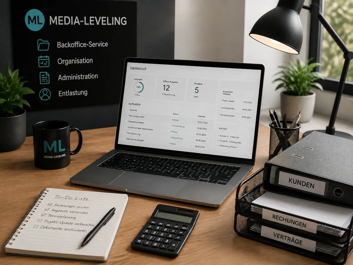 Darstellung eines organisierten digitalen Arbeitsplatzes für Backoffice-Unterstützung und Verwaltung