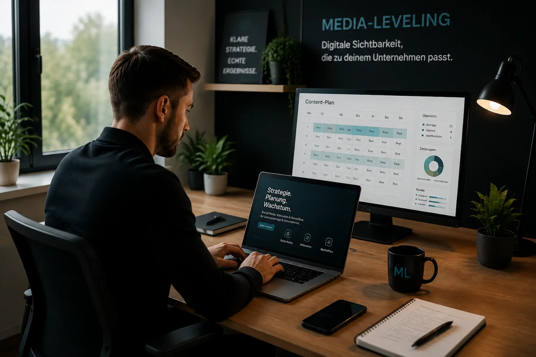 Arbeitsplatz mit digitaler Planung und Webdesign-Arbeit bei Media-Leveling