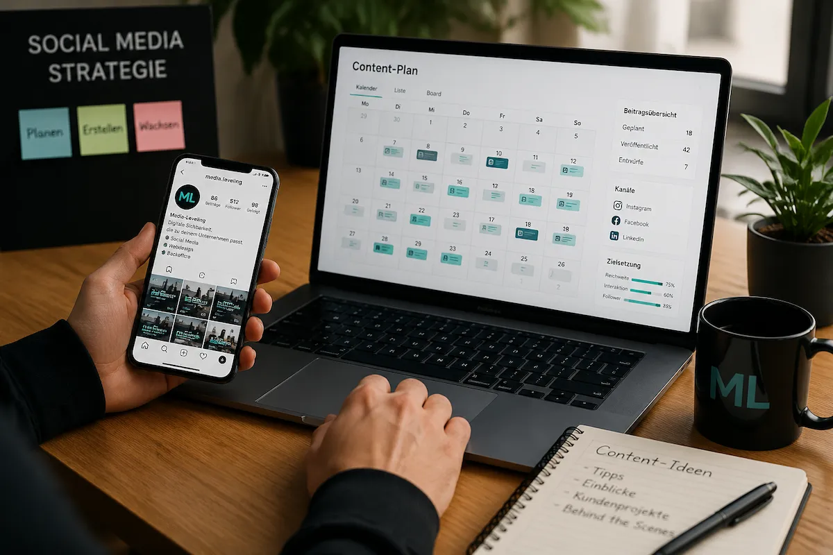 Darstellung von Social-Media-Planung und digitaler Inhaltsverwaltung bei Media-Leveling